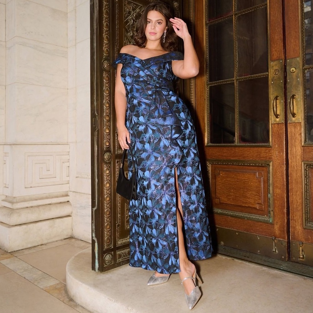 Adrianna Papell Off The Shoulder Jacquard Gown Blue Multi Formal Dress Slit 16W